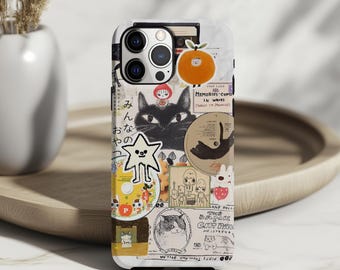 Vintage Japanese Black Cat Collage Phone Case: Cute Retro Animal iPhone 17 16 15 14 13 12 Pro Max Plus Air Magsafe Google Samsung Galaxy S25