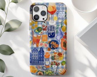 Fruity Orange Cat Collage Phone Case: Eclectic Blue Checkered  iPhone Cover MagSafe Google Pixel Samsung Galaxy
