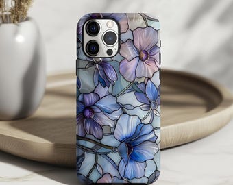 Stained Glass Floral PRINT Phone Case: Blue Purple Flower iPhone 17 16 15 14 13 12 11 X 8 Pro Max Plus Air MagSafe Google Samsung Galaxy S25