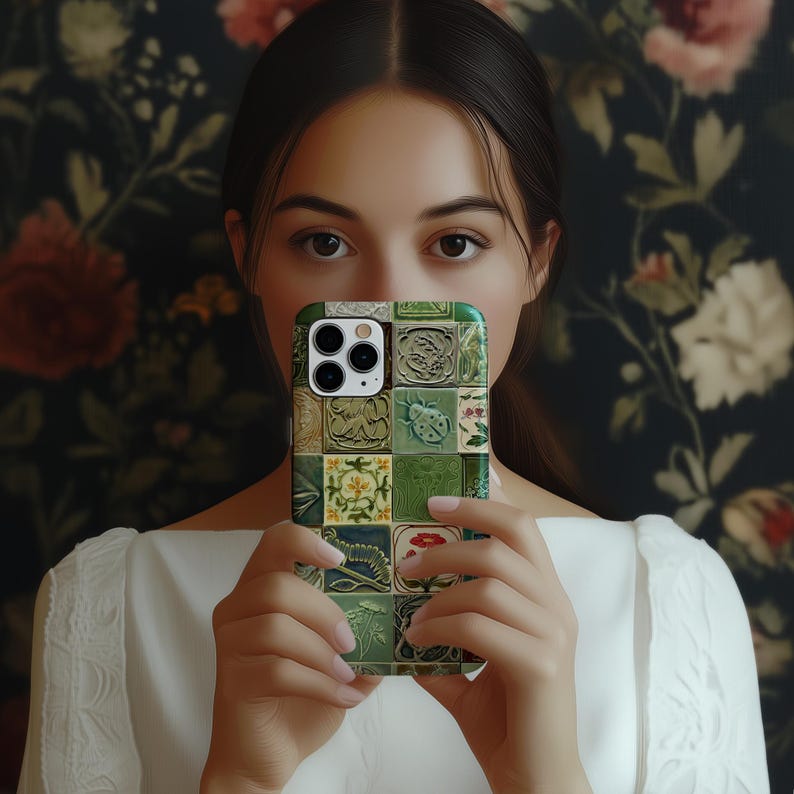 Vintage Botanical Beetle Phone Case: Floral Mosaic Ceramic Tile iPhone 17 16 15 14 13 12 Pro Max Plus Air Magsafe Google Samsung Galaxy S25 image 3
