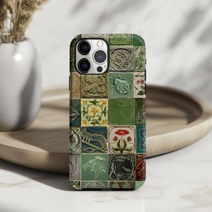 Vintage Botanical Beetle Phone Case: Floral Mosaic Ceramic Tile iPhone 17 16 15 14 13 12 Pro Max Plus Air Magsafe Google Samsung Galaxy S25 image 5