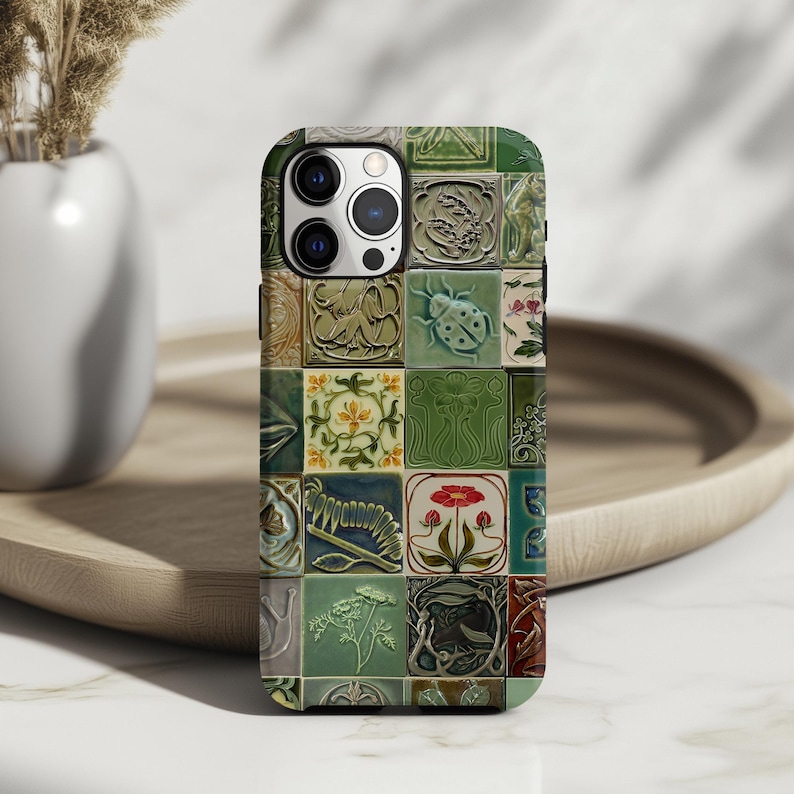 Vintage Botanical Beetle Phone Case: Floral Mosaic Ceramic Tile iPhone 17 16 15 14 13 12 Pro Max Plus Air Magsafe Google Samsung Galaxy S25 image 5