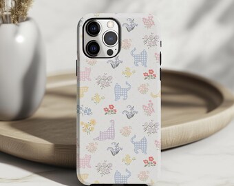 Floral Cat Phone Case: Pastel Gingham Cottagecore iPhone 17 16 15 14 13 12 11 X 8 Pro Max Plus Air Magsafe Google Samsung Galaxy S25 S24 S23