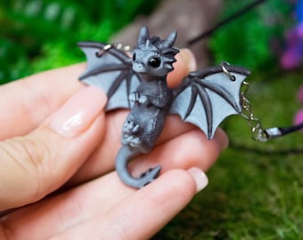 Dragon Amulet – Little cute gray dragon. Adorable necklace.