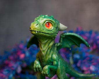 Green Dragon Figurine: Sculpture with Shiny Glass Eyes