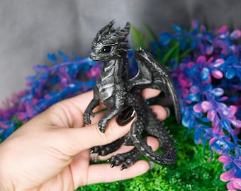Silver Dragon Figurine: Sculpture with Shiny Eyes