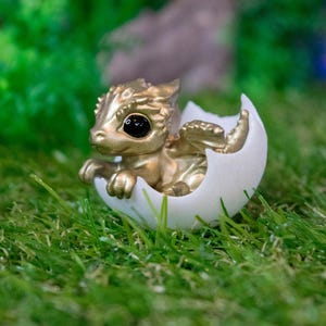 Tiny Dragon Figurine With Little Egg: Many Colors - Black Shiny Eyes, Dragon Lover Gift Gold