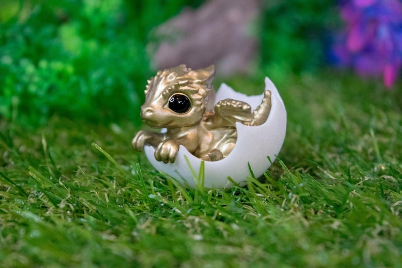Tiny Dragon Figurine With Little Egg: Many Colors - Black Shiny Eyes, Dragon Lover Gift Gold