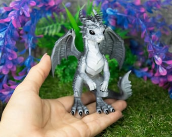 Gray Dragon Figurine: Sculpture with Shiny Eyes