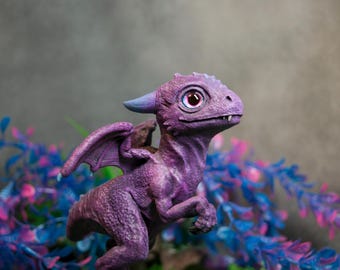 Purple Dragon Figurine: Sculpture with Shiny Glass Eyes