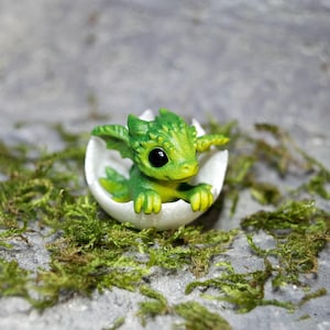 Tiny Dragon Figurine With Little Egg: Many Colors - Black Shiny Eyes, Dragon Lover Gift Green+Yellow