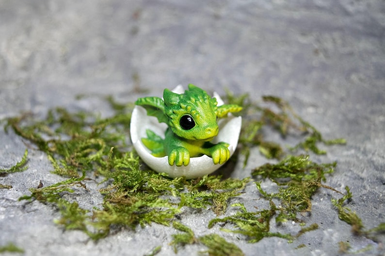 Tiny Dragon Figurine With Little Egg: Many Colors - Black Shiny Eyes, Dragon Lover Gift Green+Yellow