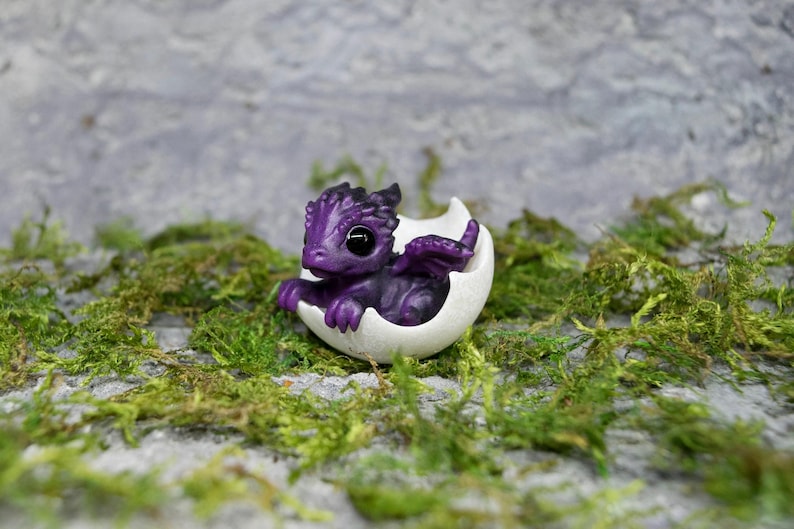 Tiny Dragon Figurine With Little Egg: Many Colors - Black Shiny Eyes, Dragon Lover Gift Black+Purple