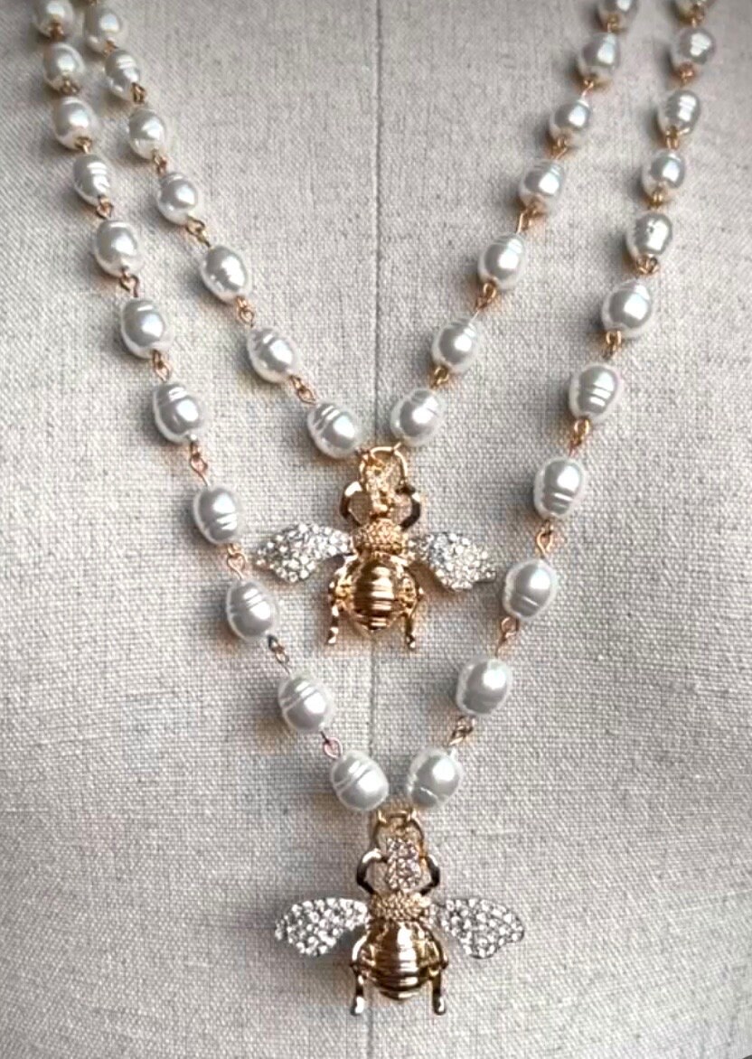 Bee Necklace on Pearl Chain Etsy