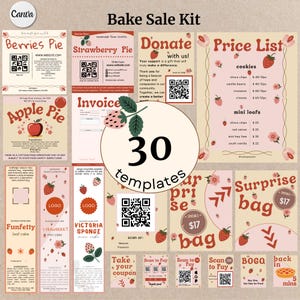 May include: A bake sale kit with 30 templates, featuring a variety of signs and labels. The design includes strawberry and floral motifs, with text such as "Price List", "Donate with us!", and "Surprise bag".