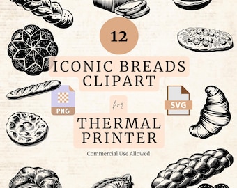 May include: A set of 12 black and white illustrations of iconic breads, including a baguette, a croissant, a pretzel, a challah, and a loaf of sourdough. The illustrations are designed for use with a thermal printer.  The text "12 Iconic Breads Clipart for Thermal Printer Commercial Use Allowed" is included in the image.