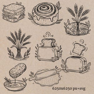 Sourdough Bread Clipart SVG Thermal Label Printer Optimized PNG Bakery Baguette Clipart Commercial Use POD Bread Making Png Roller Pin Svg