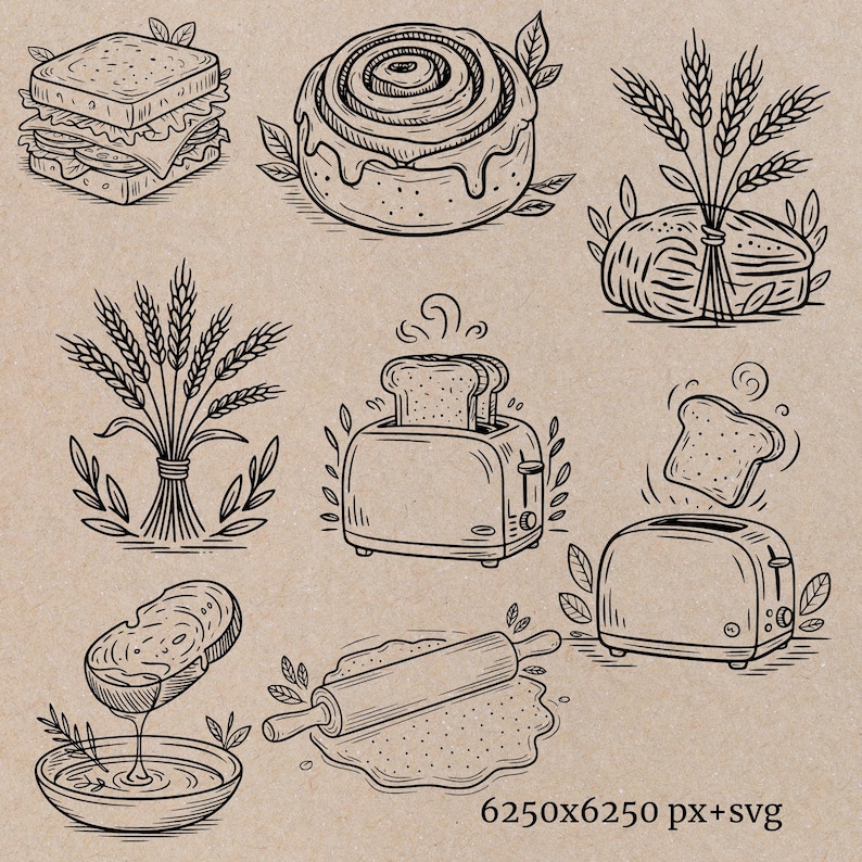 Sourdough Bread Clipart SVG Thermal Label Printer Optimized PNG Bakery Baguette Clipart Commercial Use POD Bread Making Png Roller Pin Svg