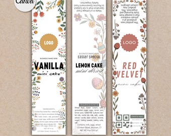 May include: Three printable Easter-themed labels for mini cakes. The labels feature floral designs and the text "Vanilla mini cake", "Lemon Cake mini dessert", and "Red Velvet mini cake". Each label includes a logo placeholder, business name placeholder, and ingredients list.