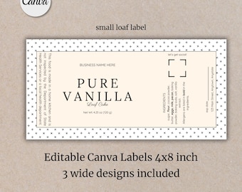 May include: Editable Canva label template for a small loaf of pure vanilla loaf cake. The label is white with black text and a black and white pattern border. The label includes the text "Pure Vanilla Loaf Cake", "Net Wt 4.25 oz (120g)", "Ingredients", and "Allergens are listed in bold in the ingredients".