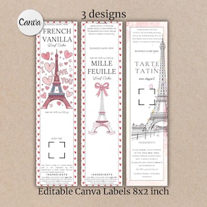 Printable Label Mini Loaf Pan Desserts Modern French Mini Editable Mini Cake Tin Label Template Eiffel Tower Cottage Law Custom Food Label