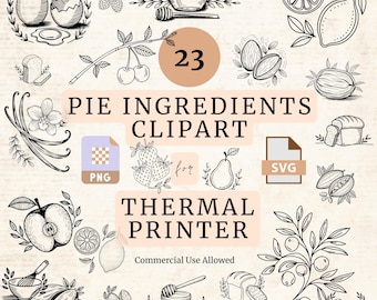 May include: A set of 23 black and white illustrations of pie ingredients for use with a thermal printer. The illustrations include a variety of fruits, nuts, spices, and other ingredients. The text "PIE INGREDIENTS CLIPART for THERMAL PRINTER" is included in the image. Commercial use is allowed.