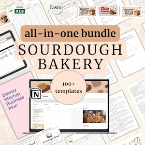 May include: A digital marketing bundle for a sourdough bakery business. The bundle includes over 100 templates for a business plan, tracker, and marketing materials. The image shows a laptop screen with a calendar, a sourdough bread recipe, and a business plan template. The image also includes several other documents, including a customer agreement, a marketing plan, and a sales tracker.