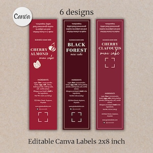 Op de afbeelding: Drie rode en witte etiketten voor mini-taarten. De etiketten zijn 2x8 inch groot en hebben de namen "Cherry Almond", "Black Forest" en "Cherry Clafoutis". Elk etiket bevat een lijst met ingrediënten en een website-adres.