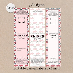 Op de afbeelding: Drie roze en witte bedrukbare etiketten met een kersendesign. De etiketten zijn voor kersenbrood en bevatten de tekst "Cherry loaf cake", "Nettogewicht: 4,25 oz (120 g)", "Ingrediënten" en "Bedrijfsnaam".
