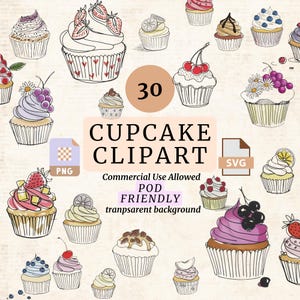 May include: A set of 30 cupcake illustrations with diverse toppings like strawberries, cherries, and blueberries. The text reads "CUPCAKE CLIPART" with "PNG" and "SVG" file type icons. The background is a light beige colour.