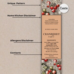 May include: A red and white cranberry cake label with a festive winter scene. The label includes the text "CRANBERRY cake" and lists the ingredients, including sugar, flour, cocoa powder, butter, eggs, milk, cranberries, baking powder, baking soda, and salt. The label also includes the text "Allergens are listed in bold in the ingredients." and the net weight of the cake, which is 4.25 ounces (120 grams). The label also includes the business name, address, and website.