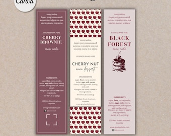 May include: Six editable Canva label designs for mini cakes. The labels feature a variety of colors and designs, including cherry, chocolate, and black forest. Each label includes the name of the cake, a list of ingredients, and the business name. The labels are 2x8 inches.
