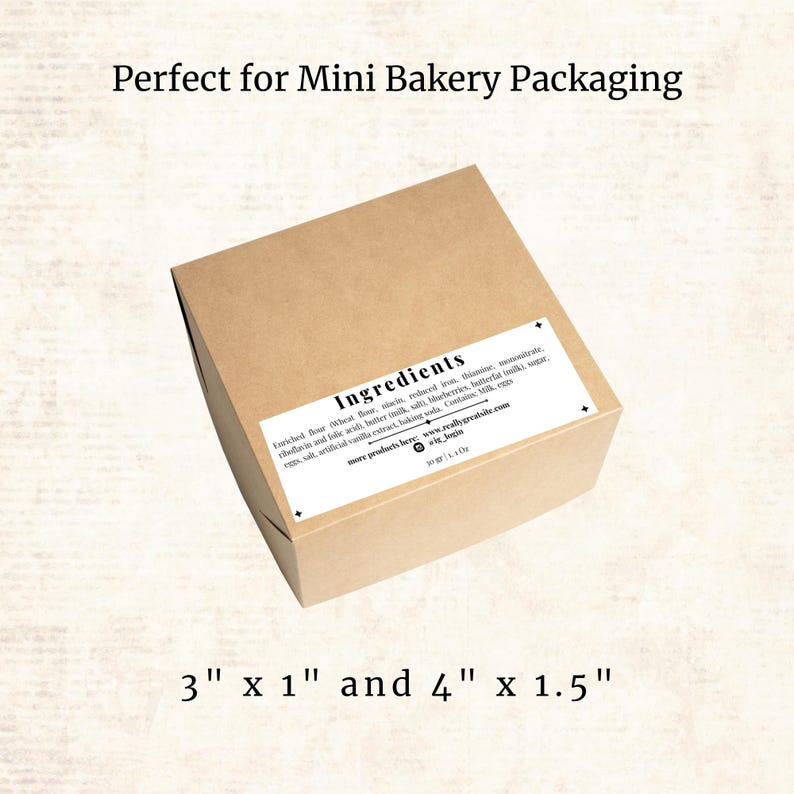 Puede incluir: Una caja de cart&oacute;n marr&oacute;n con una etiqueta blanca que dice "Ingredientes" y enumera los ingredientes de un producto de panader&iacute;a. La caja mide 7,6 cm por 2,5 cm y 10,2 cm por 3,8 cm. Perfecta para el envasado de mini panader&iacute;as.