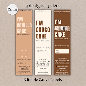 Könnte beinhalten: Drei bedruckbare Etiketten für Pfundkuchen. Die Etiketten sind braun, weiß und beige mit dem Text "I'm Vanilla Cake", "I'm Choco Cake" und "I'm Marble Cake". Jedes Etikett enthält das Nettogewicht, das Verfallsdatum, die Zutaten, Allergene und Kontaktinformationen.
