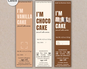 May include: Three printable labels for pound cakes. The labels are brown, white, and beige with the text "I'm Vanilla Cake", "I'm Choco Cake", and "I'm Marble Cake". Each label includes the net weight, expiry date, ingredients, allergens, and contact information.