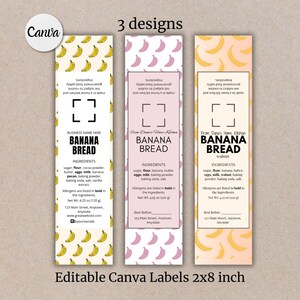以下が含まれることがあります： バナナブレッド用の印刷可能なラベルが3つあり、黄色、ピンク、オレンジの背景になっています。各ラベルにはバナナのパターンが描かれており、「バナナブレッド」というテキストと、会社名と材料のリストが記載されています。ラベルのサイズは2x8インチです。