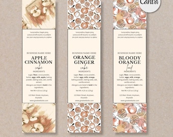 May include: Three printable labels for small loaf cakes. The labels feature watercolor illustrations of apples, oranges, and a combination of both. Each label includes the text "cake" or "loaf", the name of the flavor, and a list of ingredients. The labels are designed for use with Canva.