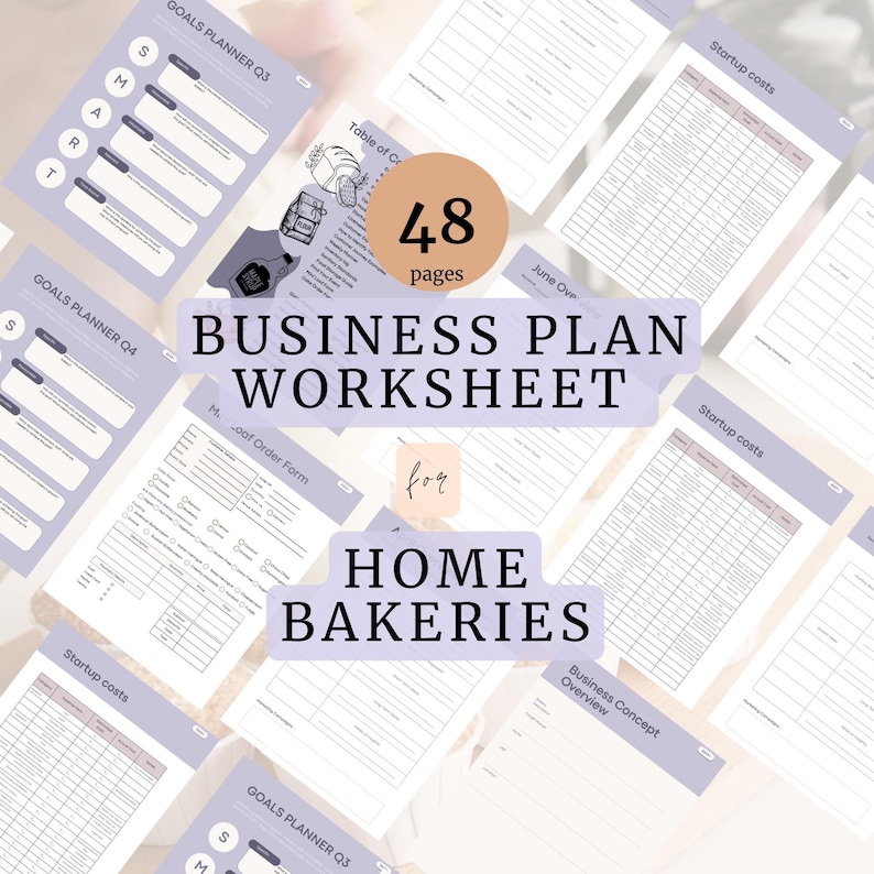 May include: A business plan worksheet for home bakeries with 48 pages. The worksheet includes sections for goals, startup costs, order forms, and a business concept overview.