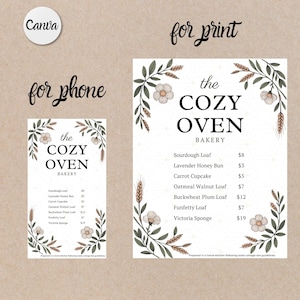 Cottagecore Bakery Price List Handmade Bakery Menu with Botanical Illustrations Farmhouse Menu Template Small Business DIY Price List