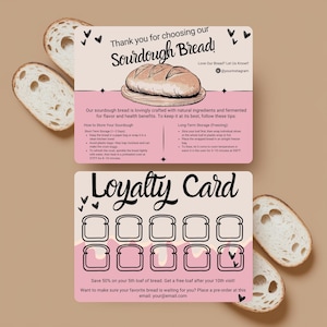 May include: Two cards with sourdough bread information and a loyalty program. The top card says "Thank you for choosing our Sourdough Bread!" with storage tips. The bottom card is a loyalty card with bread slice icons and a discount offer.