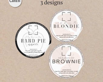 May include: Three round labels with black text on a white background. The labels are for hand pies, brownies, and blondies. Each label has a graphic design and the text "made in a home kitchen and not subject to routine government food safety inspections".