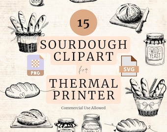 May include: A set of 15 black and white sourdough bread illustrations for thermal printers. The illustrations include loaves of bread, jars of wild yeast, and baskets of bread. The text "SOURDOUGH CLIPART for THERMAL PRINTER" is included in the image. Commercial use is allowed.