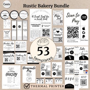 May include: A black and white graphic design set for a bakery with 53 templates for a thermal printer. The set includes designs for various bakery items, such as cookies, pies, bread, and tarts. The designs also include QR codes for contactless payment and social media.