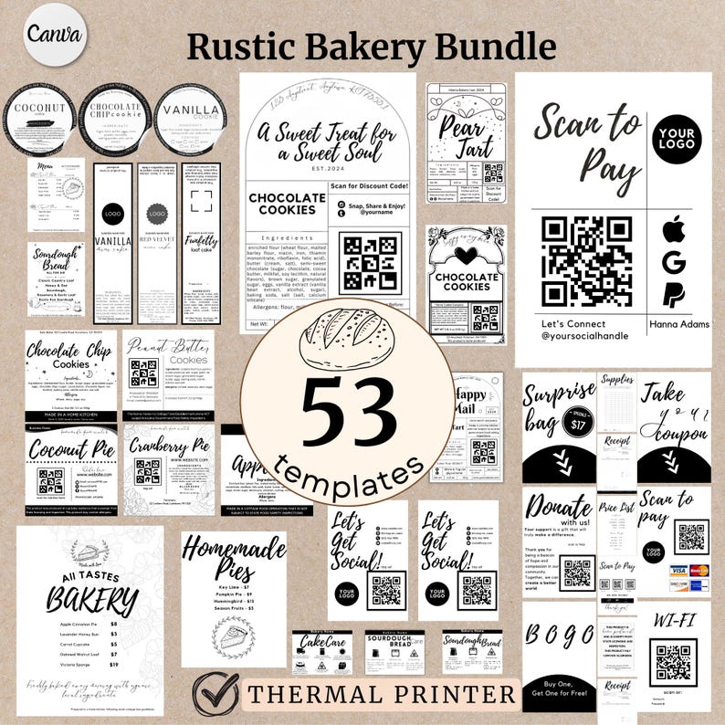 May include: A black and white graphic design set for a bakery with 53 templates for a thermal printer. The set includes designs for various bakery items, such as cookies, pies, bread, and tarts. The designs also include QR codes for contactless payment and social media.