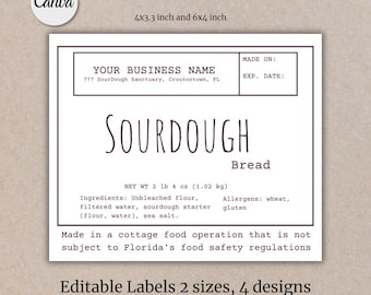 Puede incluir: Plantilla de etiqueta imprimible para pan de masa madre. La etiqueta es blanca con texto negro e incluye el texto "SOURDOUGH Bread" y "NET WT 2 lb 4 oz (1.02 kg)". La etiqueta también incluye el texto "YOUR BUSINESS NAME 777 SourDough Sanctuary, Croutontown, FL" y "MADE ON: EXP. DATE:".