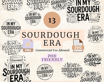 May include: A collection of black and white sourdough-themed graphics with the text "In My Sourdough Era." Includes various designs with wheat, jars, and baking tools. The image also includes the text "Commercial Use Allowed," "PNG," "SVG," "POD FRIENDLY," and "Thermal Printer."