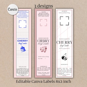 May include: Three pink and white label designs for cherry loaf cake. Each label features a different design with a cherry graphic and the text "CHERRY loaf cake". The labels also include the business name, net weight, ingredients, and contact information.
