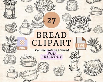 May include: A set of 27 black and white hand-drawn illustrations of various bread products, including loaves, rolls, croissants, pretzels, and a cinnamon roll. The text "BREAD CLIPART" is in large letters at the top of the image. The text "Commercial Use Allowed" is below the title. The text "POD FRIENDLY" is below the text "Commercial Use Allowed". The text "THERMAL PRINTER" is at the bottom of the image.