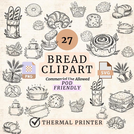 Sourdough Bread Clipart SVG Thermal Label Printer Optimized PNG Bakery Baguette Clipart Commercial Use POD Bread Making Png Roller Pin Svg