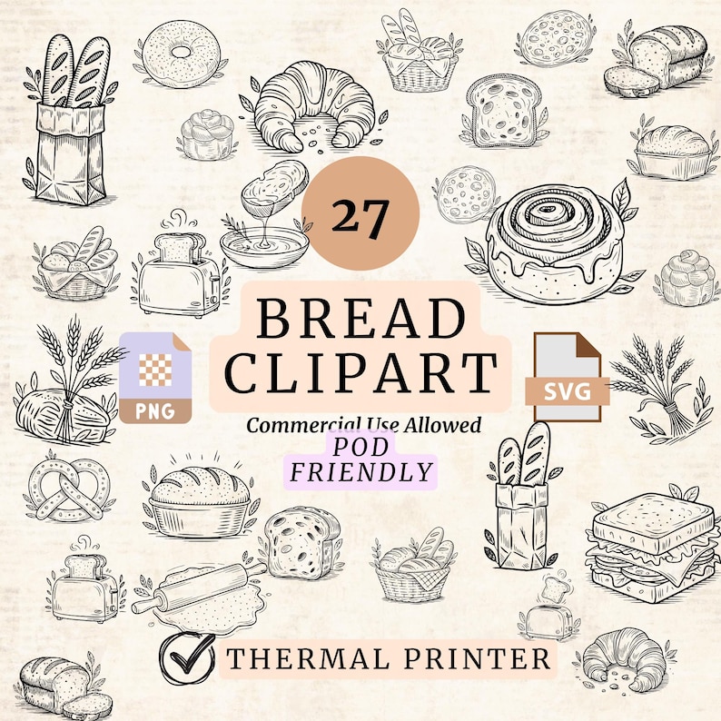 Sourdough Bread Clipart SVG Thermal Label Printer Optimized PNG Bakery Baguette Clipart Commercial Use POD Bread Making Png Roller Pin Svg